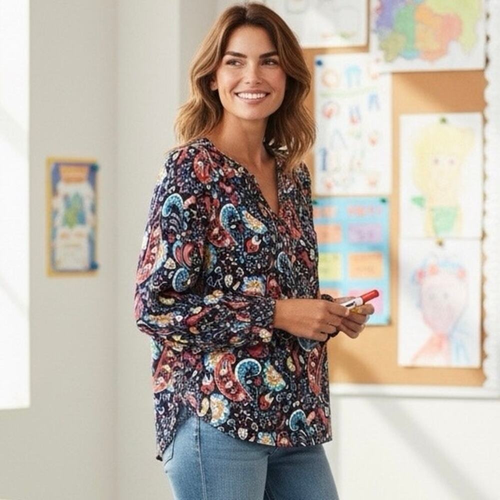 Paisley Long Sleeve V-Neck Blouse Animal Print Mystical Creatures